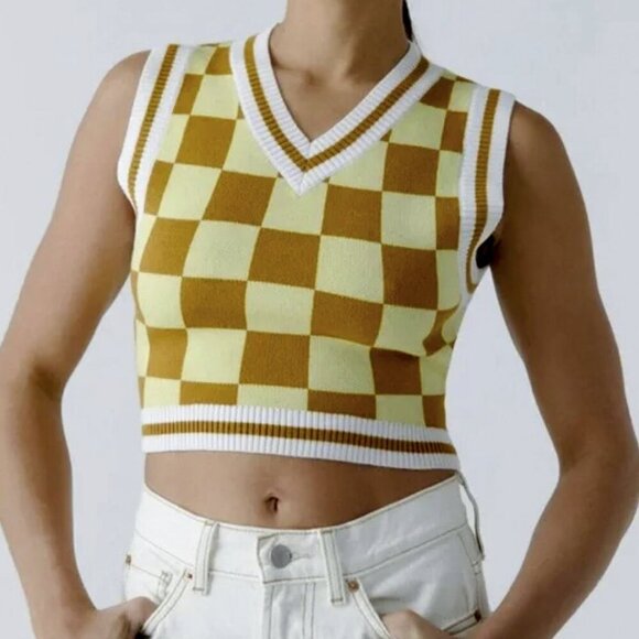 Urban Outfitters Sweaters - Urban Outfitters Randi Cropped Checkered Yellow Brown Sweater Vest V-Neck - NWOT